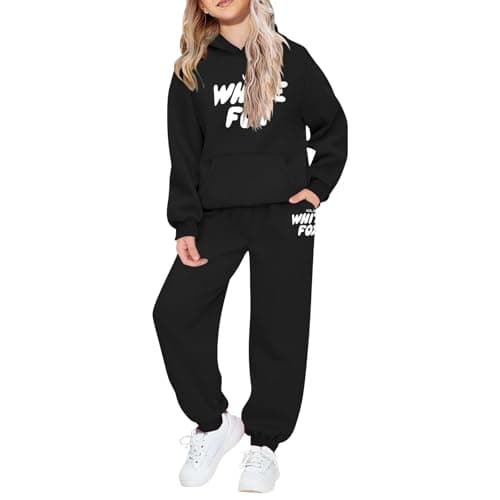 Image of NSICBMNO Tracksuit Set Kids Girls Long Sleeve Pullover Sweatshirt Baggy Jogging Bottoms Boys 2 Piece Outfits Hoodie Joggers Set Airport Outfits Activewear Back To School Streetwear 13-14 Years, Black