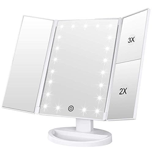 Image of WEILY Makeup Mirror, 1x /2x/3x Trifold Makeup Mirror with 21 LED Lights and Adjustable Touch Screen Mirrors Cosmetic Countertop Mirrors (White)