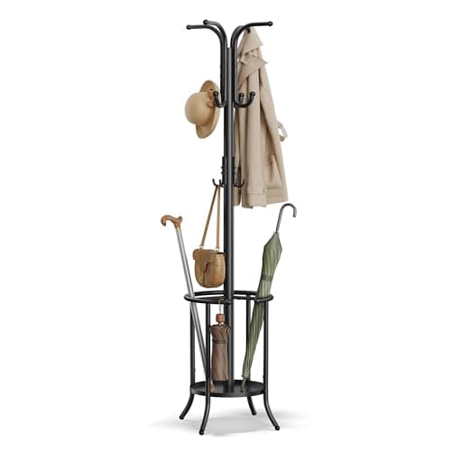 Image of SONGMICS Coat Rack Freestanding, Coat Stand with Umbrella Holder, 12 Hooks, Metal, 175 cm Tall, for Entryway, Hallway, Living Room, Bedroom, Ink Black RCR011B01