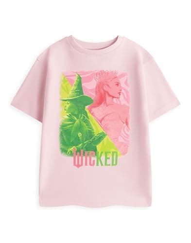 Image of Wicked Glinda & Elphaba Girls T-Shirt in Pink | Short Sleeve Graphic Tee | Movie Inspired Apparel | Crew Neck Top for Kids Musical Merchandise Merch - 7-8 Years