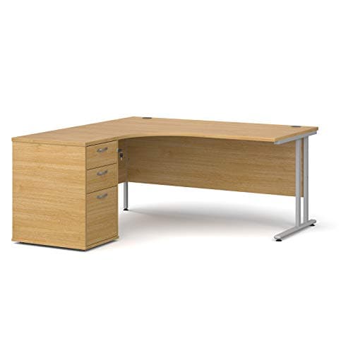 Image of Mr Office Maestro 25 left hand ergonomic desk with silver cantilever frame and desk high pedestal bundle, Oak, 1600