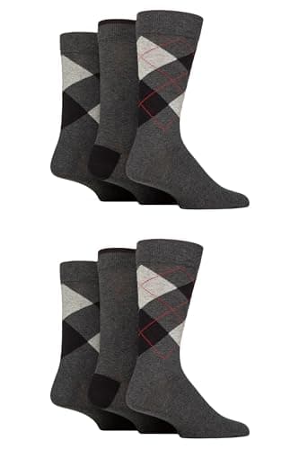 Image of Glenmuir Men’s Cotton Socks New Waverley Classic Argyle & Plain - 6 Pairs, Soft, Breathable for Work & Dress Wear, Comfortable Everyday Fit - Charcoal 7-11