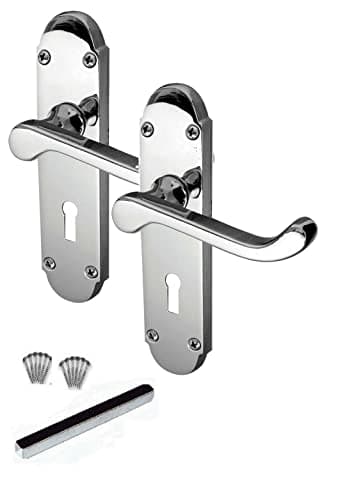 Image of Golden Grace Victorian Scroll Door Handles on Shaped Backplate Lever Lock in Polished Chrome Finish