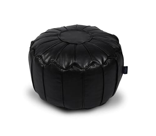 Image of Littens Black Faux Leather Round Moroccan Beanbag Pouffe Seat Bean Bag Footstool Piped Detailing