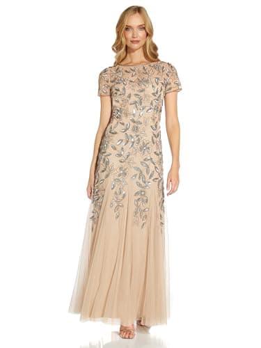 Image of Adrianna Papell Women's Floral Beaded Godet Dress, Beige (Taupe/Pink), Size 14