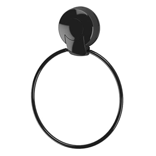 Image of Showerdrape PushLoc Black Towel Ring – Wall-Mounted Suction, Tool-Free Installation, Bathroom Hand Towel Holder