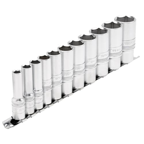 Image of Draper 16495 3/8-Inch Square Drive Imperial Deep Socket 11 Piece Set On Metal Rail , Blue