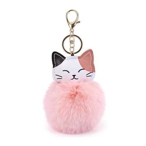 Image of Ling & Bai Plush Cat Pom Pom Keychain Fluffy Cats Purse Charm Cute Pendant Keychain Kawaii Car Key Bag Charms Cats Ornament Gift for Women (Pink)