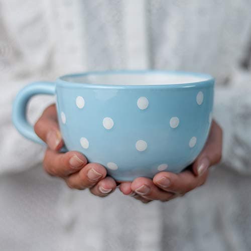 Image of City to Cottage® Light Sky Blue and White | Polka Dot Spotty | Designer Handmade Hand Painted | Unique Ceramic Extra Large 17.5oz/500ml | Cappuccino Coffee Tea Soup Mugs Cups with Handle | Gift