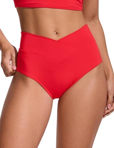 Image of CRZ YOGA Women's V Cut Bikini Bottoms High Waist Tummy Control Swimsuit V-Cross Front Briefs Tankini Swimwear Full Coverage Deep Red 12