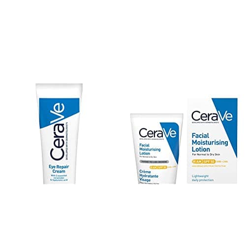 Image of CeraVe Eye Repair Cream for Dark Circles & Puffiness 14ml with Hyaluronic Acid and 3 Essential Ceramides & AM Facial Moisturising Lotion SPF50 with Ceramides & Vitamin E for Normal to Dry Skin 52ml