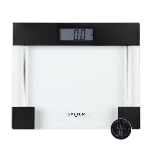 Image of Salter Clear Glass Bathroom Scale – Body Weight Measurements, Toughened Platform, 180KG/400lbs Capacity, LCD Digital Display, Compact, Instant Readings, Kg/St/Lbs, Transparent/Black