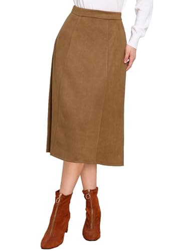 Image of Allegra K Faux Suede Midi Skirts for Women's Work Casual Fall Winter A Line Skirt Trendy Brown L