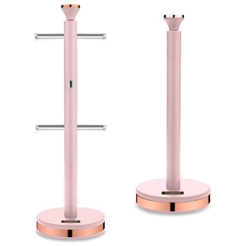 Image of Tower Cavaletto Pink Mug Tree & Kitchen Roll Holder. Contemporary Matching Kitchen Storage Set in Pink with Rose Gold Accents.