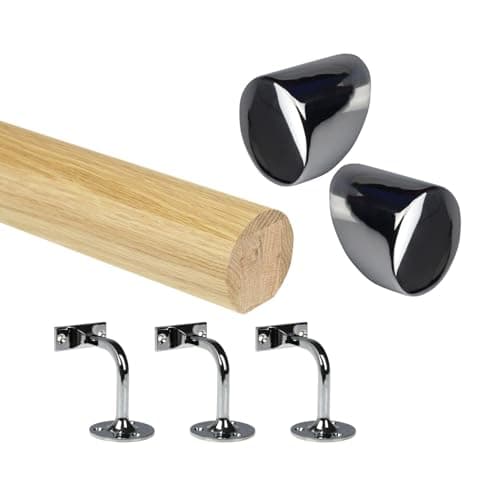 Image of Oak Round Mopstick Handrail Kit with Wall Brackets & Forge End Caps – 1800–4200mm, Chrome/Black/Brushed Nickel/Antique Brass (Chrome, 2400mm)