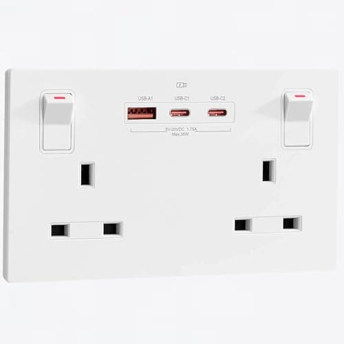 Image of SURAIELEC Double Plug Socket with USB C, 2 Gang 13A Switched Wall Socket, 35W PD Fast Charge (2 USB-C + 1 USB-A),Child Safe, White, Fits 25mm Back Box