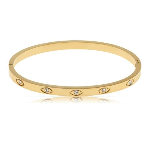 Image of Nami Women's Gold Bangle with Engraved Evil Eye and Surgical Stainless Steel Gemstones, 5.8 cm, Nazar Boncuk Jewelry Gift for Her, One Size, Stainless Steel