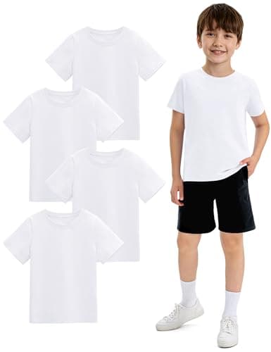 Image of 4 Pack Boys White T Shirt Cotton Kids Crew Neck Short Sleeve Soft Tee Shirt School Top Tshirt for Children 10-12 Years