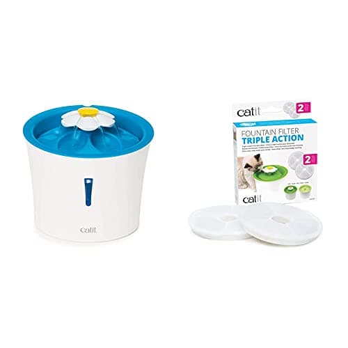 Image of Catit Flower Drinking Fountain with LED Nightlight and Petal Top & GENUINE filters for 3L Flower Fountain Fresh & Clear fountains only, Pack of 2