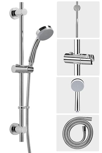 Image of Croydex Presion Chrome Shower Riser Rail Kit - 68cm Riser Rail, Pressure Boosting Shower Head, 1.5m Stainless Steel Hose and Adjustable Handset Holder, with Flexi-Fix Wall Brackets (Chrome)