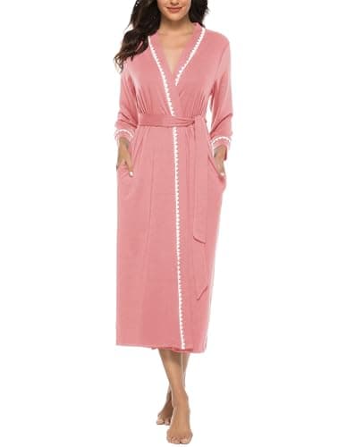 Image of Vlazom Womens Dressing Gown Soft Kimono Robe V-Neck Long Knit Bathrobe Nightwear Sleepwear for All Seasons, Rose Pink, M