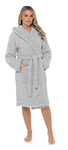 Image of Lora Dora Womens Luxury Teddy Bear Fleece Hooded Robe Ladies Dressing Gown Housecoat Gift Grey L/UK 16-18