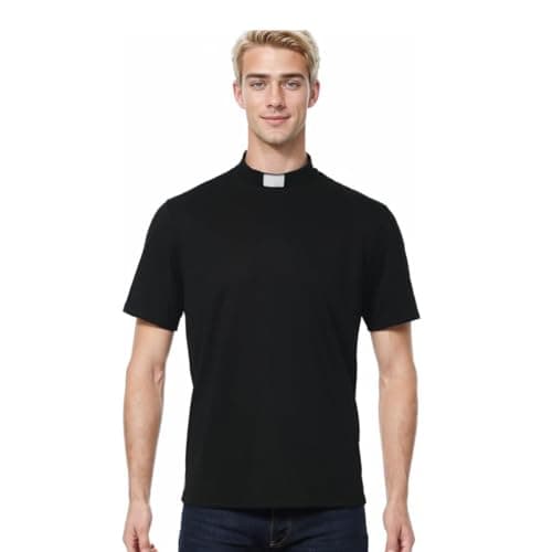 Image of BPURB Men's Clergy Tab Collar T-Shirt Short Sleeve Priest Pastor Outfit Minister Preacher Costume Shirt Tops Black