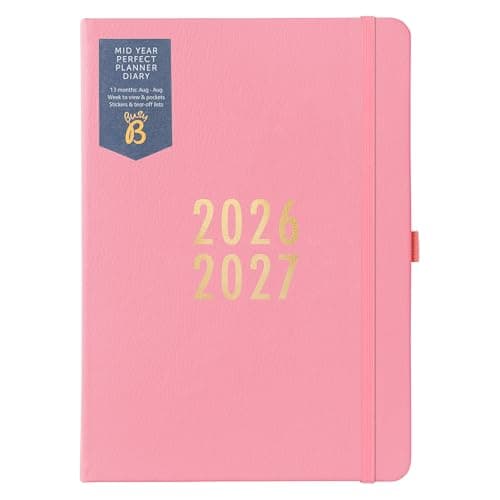 Image of Busy B A5 Weekly Diary - Mid-Year Academic Planner - Aug '26 - Aug '27 - Pink Vegan Leather Cover - Week to View Academic Planner with Stickers, Pen Loop & List Pad