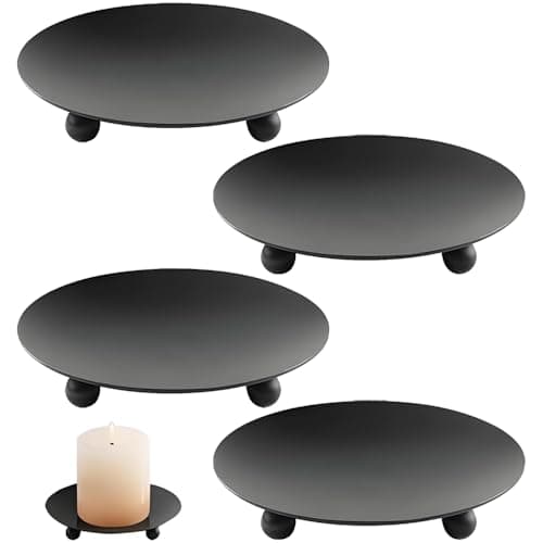 Image of Candle Holder Plates, Set of 4 Round Metal Candle Holder Tray Black Candle Stand Pillar Candle Holders Candle Plates for Christmas Halloween Wedding Party Pray Spa - 11cm