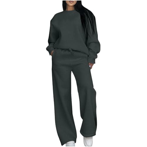 Image of Womens Long Sleeve Crewneck Solid Color Two Piece Outfit Jogger Tracksuit Set Sweatshirt Sweatpants Wear 2 Piece Ladies Fall Tracksuits Comfort Coat Tops Trousers Fashion Autumn Winter Clothing