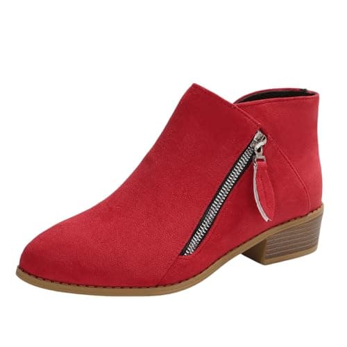 Image of Vintage Short Boots Women Elegant Ankle Boots With Low Heels Autumn Winter Suede Worker Booties With Zipper Leisure Large Size Ankle Shoes(Red,5 UK)