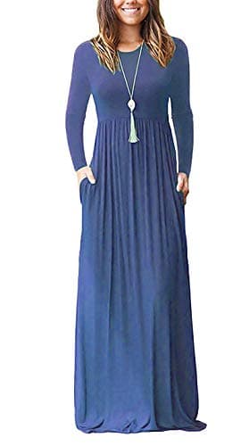Image of AUSELILY Women's Casual Long Sleeve Maxi Dress Loose Long Dresses with Pockets Beja Blue S