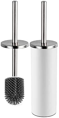 Image of Bingobang Toilet Brush and Holder,Stainless Steel Lid Handle,Silicone Deep Cleaner Toilet Brushes with Quick Drying Holder Set for Bathroom Toilet(White)