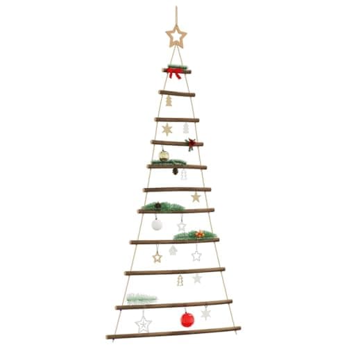Image of vidaXL Hanging Christmas Tree, 74x150 cm Natural Wood Branches, Wall Mounted Space-Saving Rustic Decor, Indoor Holiday Decoration with Top Star