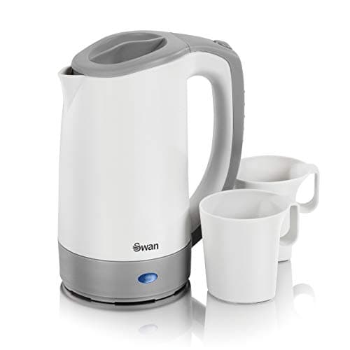Image of Swan SK19011N Dual Voltage Travel Kettle with Two Tea Cups, 0.5 Litre Capacity, 125-600 W, Lightweight, White/Grey