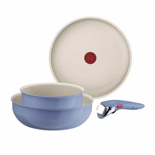 Image of Tefal Ingenio Blue 4-Piece Non-Stick Cookware Set – Induction Frying Pan, Wok, Saucepan, Detachable Handle, Oven Safe, Stackable, Compact RV Kitchen Organiser, L8294S04