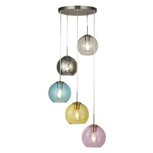 Image of Searchlight 8135-5SS Mardi Gras 5 Light Cluster Pendant in Satin Silver with Coloured Glass
