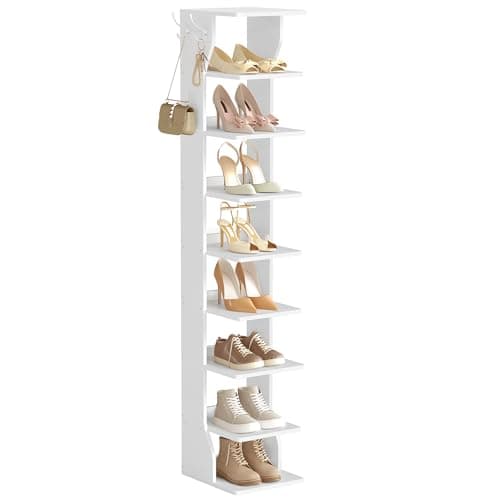 Image of VASAGLE Slim Shoe Rack, Narrow Shoe Storage Organiser, 9-Tier Shoe Stand, for Small Spaces, Hallway, Cloakroom, Matte White LBS210WB01