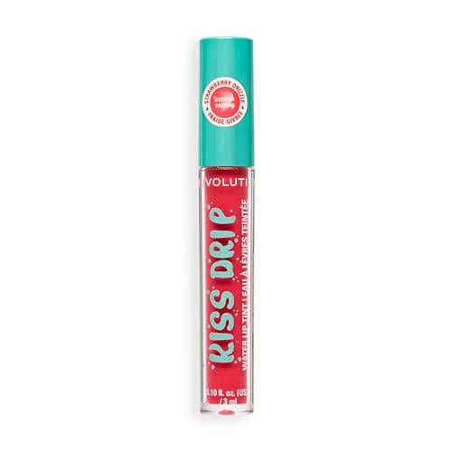 Image of Revolution Kiss Drip Water Lip Tint, Hydrating Tinted Lip Gloss with Shea Butter & Vitamin E, Buildable Colour, Strawberry Drizzle, 3ml