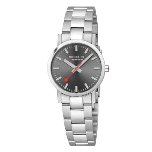 Image of Mondaine Classic Collection Watch, 30mm Brushed Stainless Steel, Gray Sunray Dial, Sapphire Glass, 5 ATM Water-Resistant, Swiss Quartz Movement, Elegant 3-Link Bracelet for Men & Women