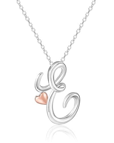 Image of Mesovor Silver Initial Necklace for Women, Sterling Silver Plated Jewelry | Classic Letter Name Pendant Necklace with Rose Gold Heart, Gifts for family Mother Sister Wife, 20 Inch Chain (Letter-E)