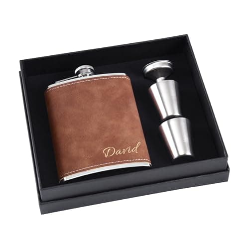 Image of Personalised Flask Gift Set for Men, 8 oz 304 Stainless Steel Engraved Hip Flasks with Name, Custom Flask for Wedding Groomsmen Gifts (Brown)