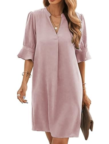 Image of Famulily Women's Sundress for Summer V Neck Ruffle Short Sleeve Solid Color Dressy Work Dresses Pink L
