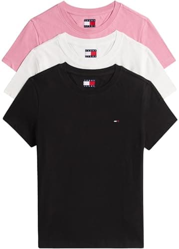 Image of Tommy Jeans Womens Tjw 3pack C-Neck Tee Dw0dw22175 S/S T-Shirt, Multi (Black/Ecru/Mystic Pink), XL UK