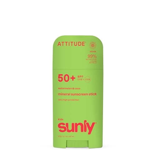 Image of ATTITUDE Kids Mineral Sunscreen Stick SPF 50, Broad Spectrum Zinc Oxide, EWG Verified, Non-Nano, Mess-Free Stick for Face & Body, Lightweight Non-Greasy, Vegan, Watermelon & Coco Scent, 60 grams