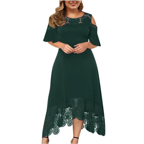 Image of Plus Size Dress for Women UK Elegant Casual Chiffon Maxi Dresses Cold Shoulder Lace Floral Long Dress Short Sleeve Formal Crewneck Prom Dress Ladies Wedding Guest Dresses for Evening Night Out