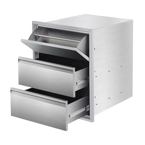 Image of CuteHairy Stainless Steel Outdoor Kitchen Drawers – 3-Drawer Built-in BBQ Island Unit with Paper Towel Holder, Reveal Design & Patio Grill Station Storage, 43x76x53cm – Silver