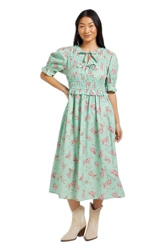 Image of Dorothy Perkins Petite Tie Front Frill Sleeve Printed Poplin Midi Dress, 14, Floral