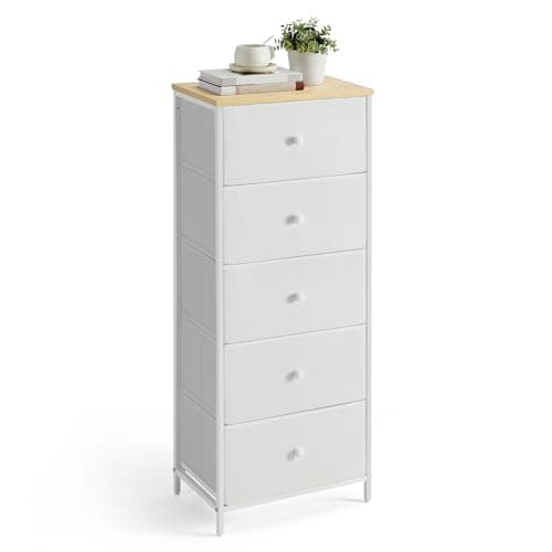 Image of SONGMICS Chest of Drawers Bedroom, Drawer Storage Unit, Dresser with 5 Fabric Drawers, Metal Frame, Tall and Slim, for Closet, Camel Yellow and Cream White LTS315W01