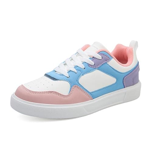 Image of VLOOKST Women Classic Retro Gum Sole Fashion Sneakers Leather Low Top Tennis Shoes Anti Slip Trainers Casual Comfortable Walking Shoe White Pink